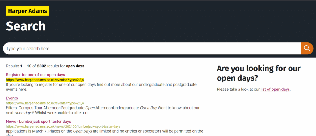 Educational Website Site Search Example: Promote events and open days