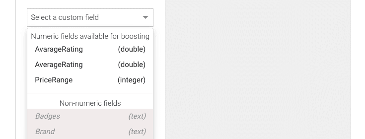 Picture of the Custom fields boost field list in the dropdown menu.